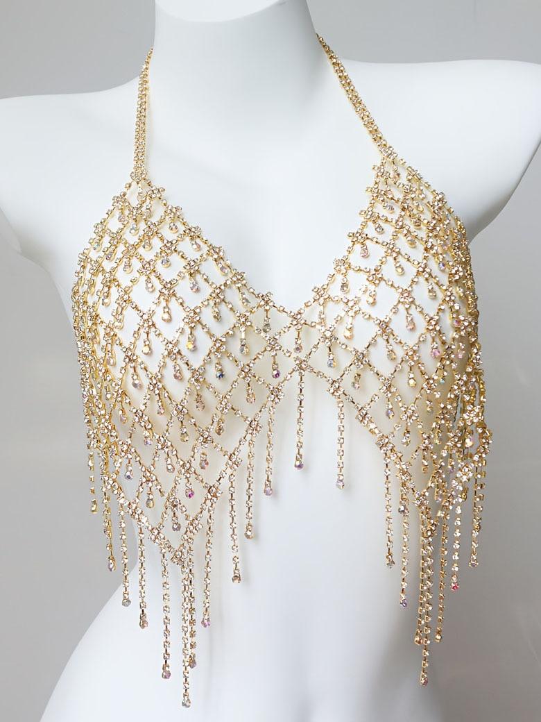 European And American Popular Bikini Rhinestone Chest Chain, Nightclub Women S Fringed Ab Color Super Large Luxury Rhinestone Bra Body Chain золотой