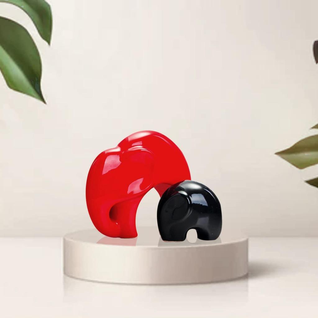 Home Décor Lucky Charm Elephant Mother & Child | Piano Finish Ceramic Figures - (Set of 2 Piece, Red and Black)