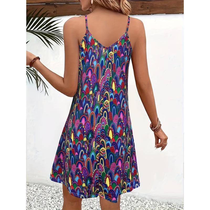 Ethnic Style Print V Neck Cami Dress, Casual Sleeveless Spaghetti Strap Dress For Spring & Summer, Women's Clothing