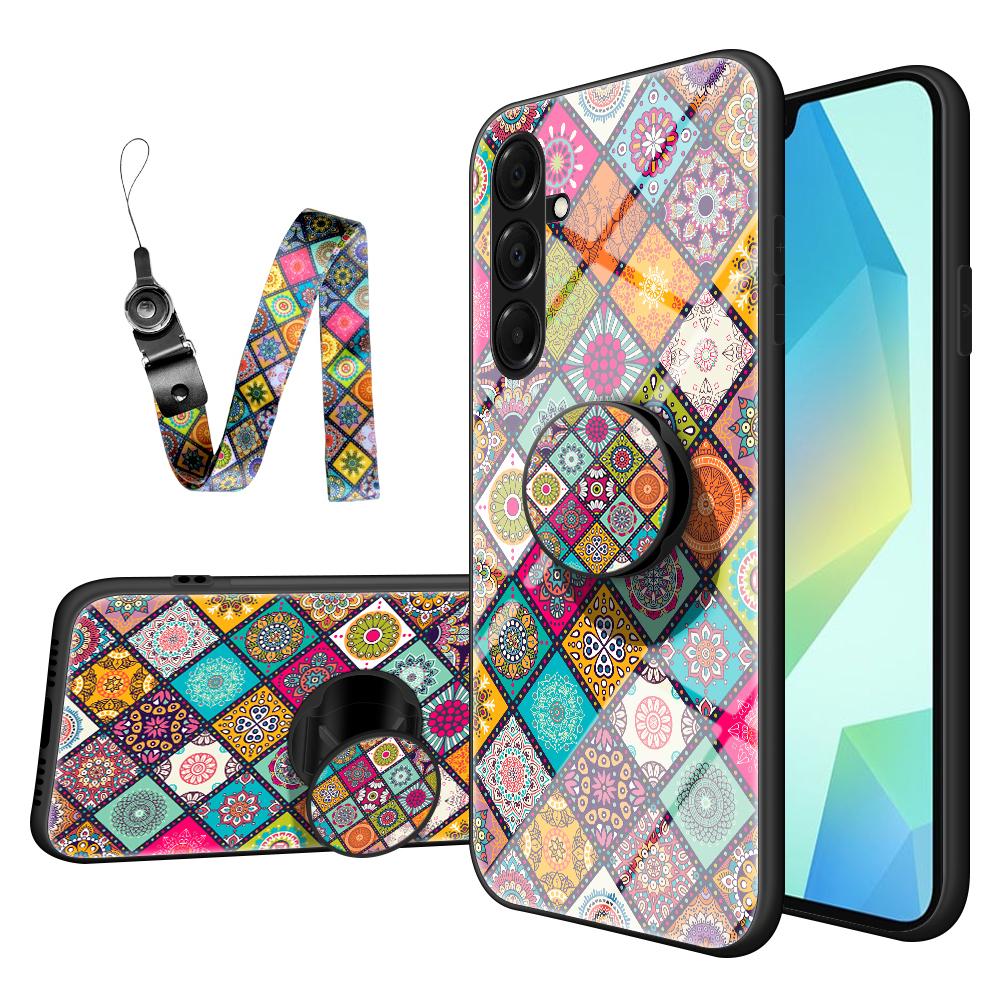 

For Samsung Galaxy A17 5G Case Kickstand Ethnic Pattern Tempered Glass Phone Cover with Strap Checkered Pattern