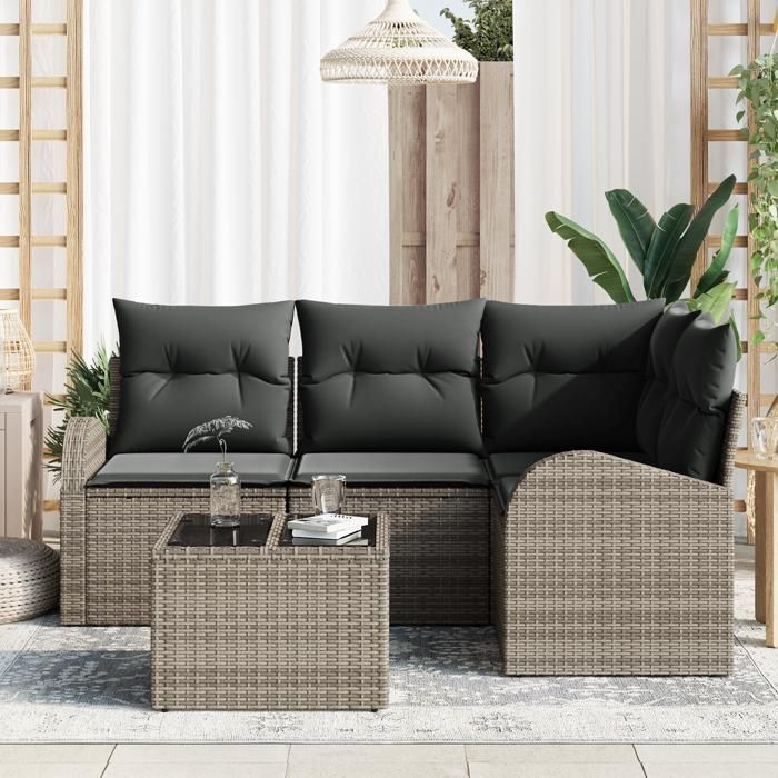 VidaXL Ensemble de Canapé de Jardin de 4 Pièces avec Coussins Noir en Rotin Synthétique 3346029