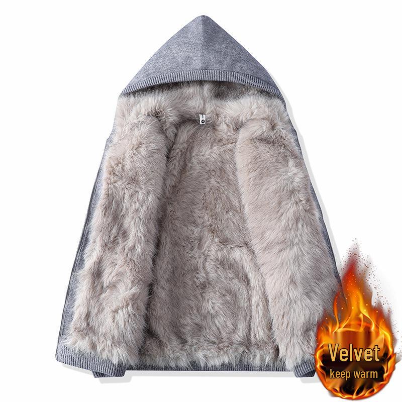 Men's Solid Color Hooded Knitwear Jacket with Fur Lining for Fall/Winter