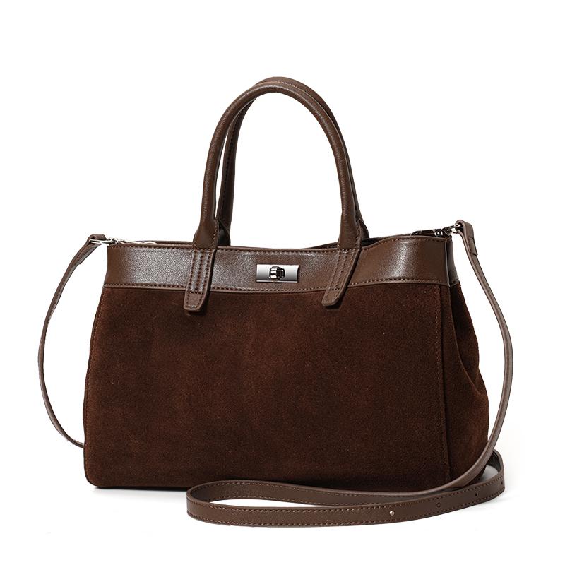 Women's Retro Suede Spliced Leather Tote Bag with Lock, Large Capacity Handbag & Crossbody Bag for Commute