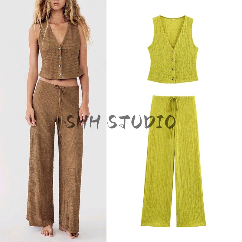 Textured Sleeveless Cardigan Vest Tops 5039277 Straight-leg Loose Comfort and Casual Pants 5039278