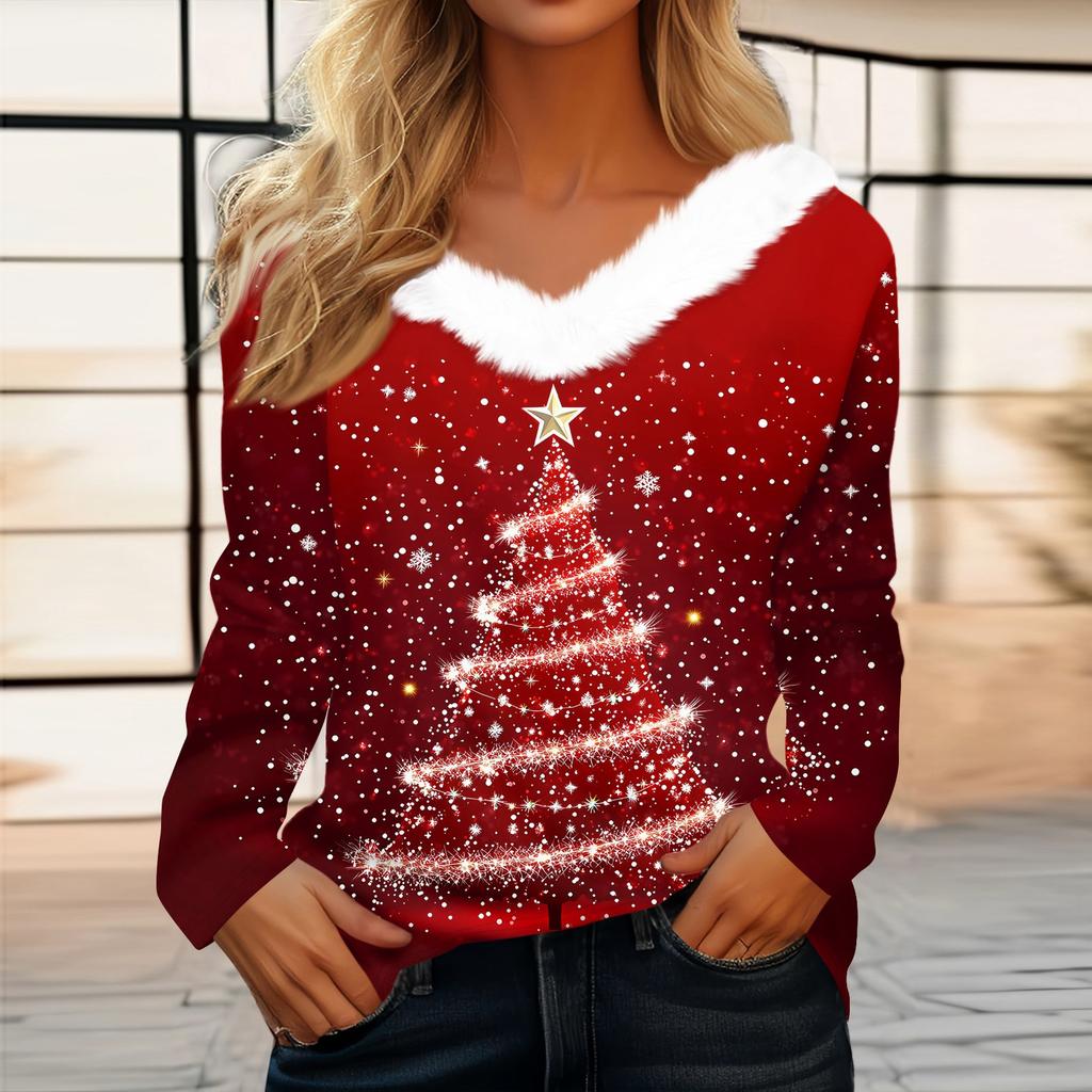 Women's T Shirt Tee Christmas Print Shirt Long Sleeve Party Christmas Fleece Collar V Neck  Top