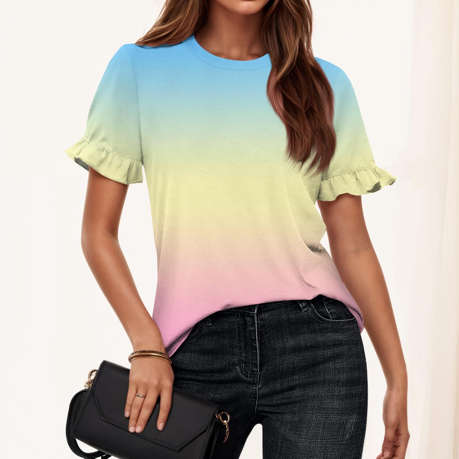 

Женская летняя футболка с коротким рукавом и рюшами с принтом и круглым вырезом XL жёлтый