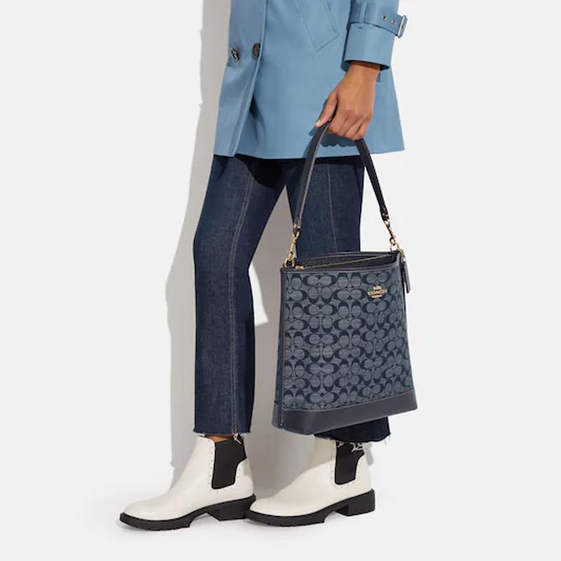 New COACH Mollie Fabric With Cow Leather Bucket Bag, Handbag, Shoulder Bag, Crossbody Bag Tubas Women's Denim Blue CH229-IMDEI