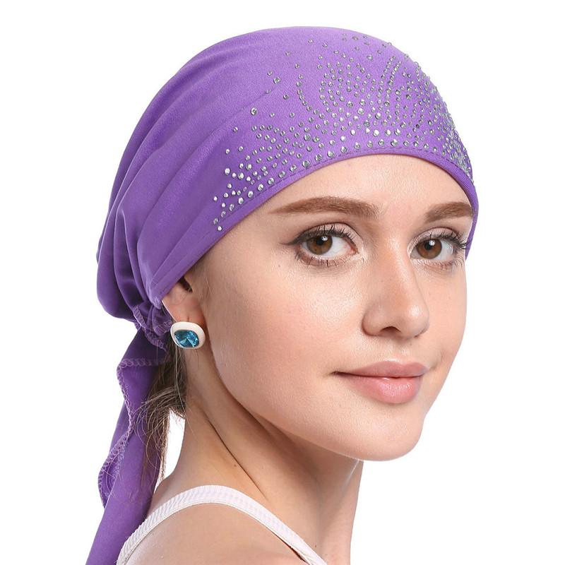 Fashion Muslim Headscarf Hat Thin Summer Women Inner Hijab Bonnet Solid Diamond Turban Caps India Head Wrap Hats For Lady