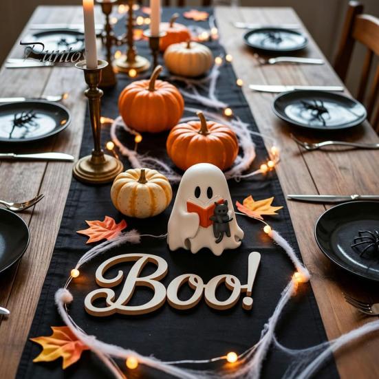 Halloween Shelf Decor Ghost Figurine, Cute Reading Statue, Ornament with Party Table Centerpiece Pumpkin Bucket, Skeleton Puppy Tabletop for