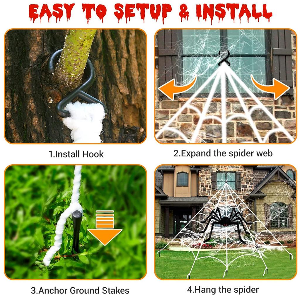 Halloween Hairy Spider Garden Decorations Scary Giant Spider Fake Large Props Triangular Web With Hook Halloween Yard Decor