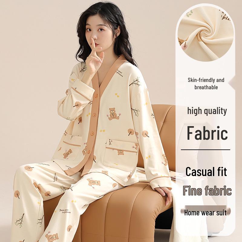 Autumn V-Neck Women's Pajamas Set: Cute Long-Sleeve, Plus-Size Homewear for Spring/Autumn.