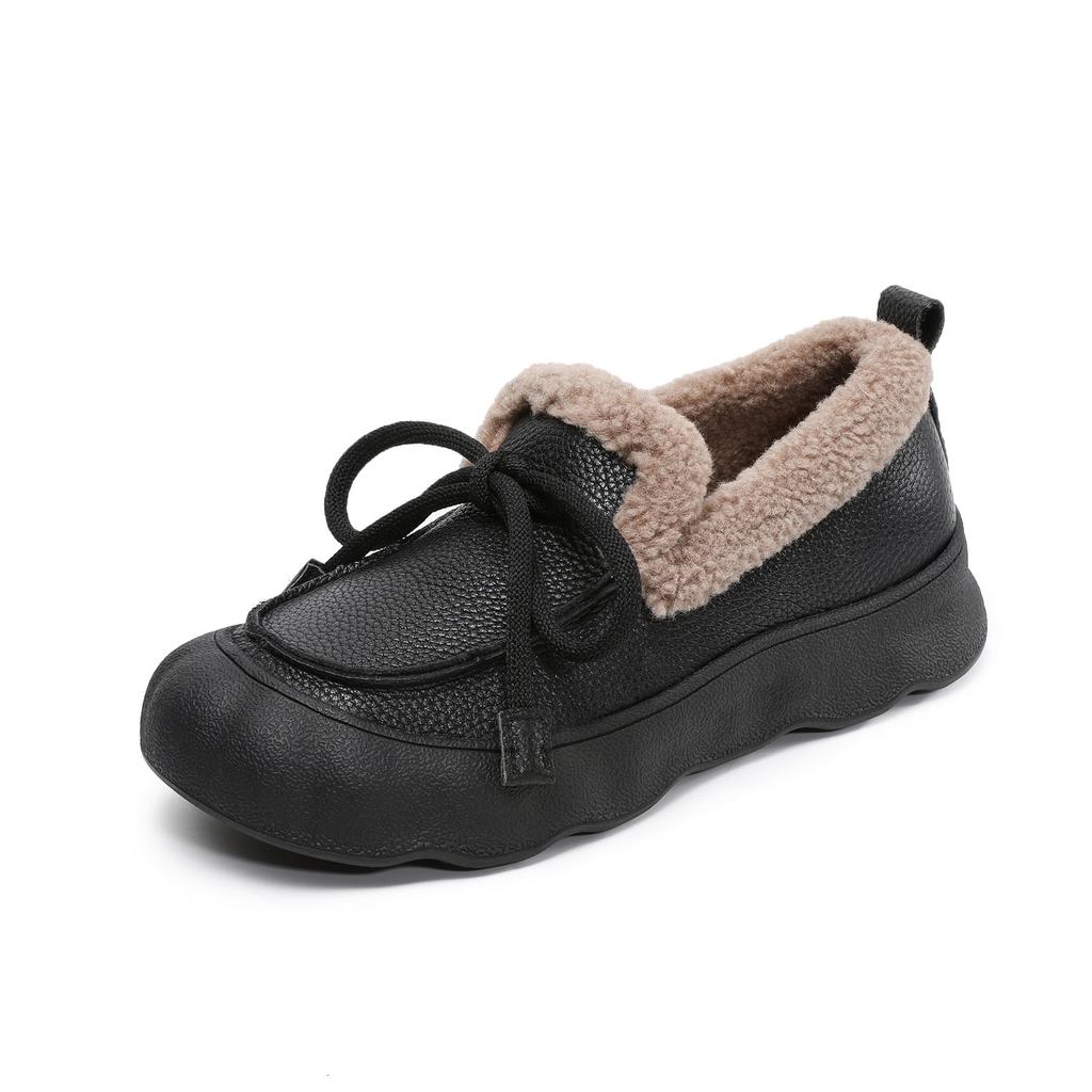 Johnature Plush Warm Loafers Thick Soled Casual Genuine Leather Versatile Round Toe Cotton Shoes