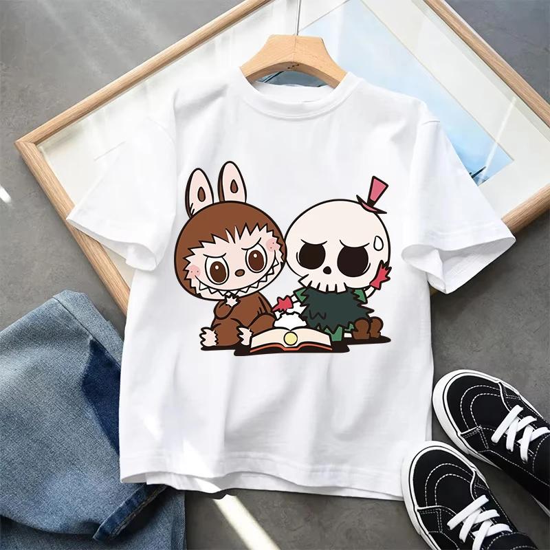 Labubu T-shirts Children Cartoon Cute Short Sleeved Shirt Boys Girls Summer Travel Fashion Clothing White Kids Clothes