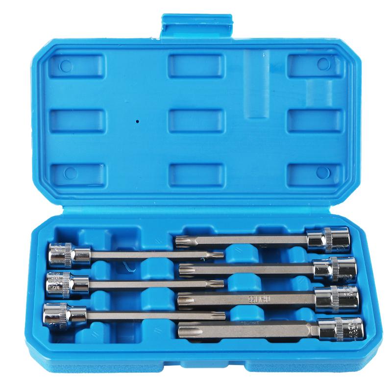 T25, T30, T40, T45, T50, T55, T60 Velikost 3/8palce Pohon Extra Dlouhé Chrom-Vanadiová Ocel Torx Hvězdicové Bity Nástrčné Klíče Sada 7 ks