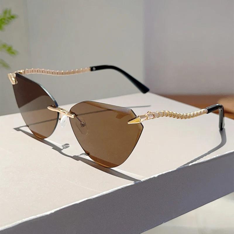 Rimless Cat Eye Sunglasses Women  New Stylish Vintage Gradient Casual Shades Trendy Luxury Brand Design Sun Glasses