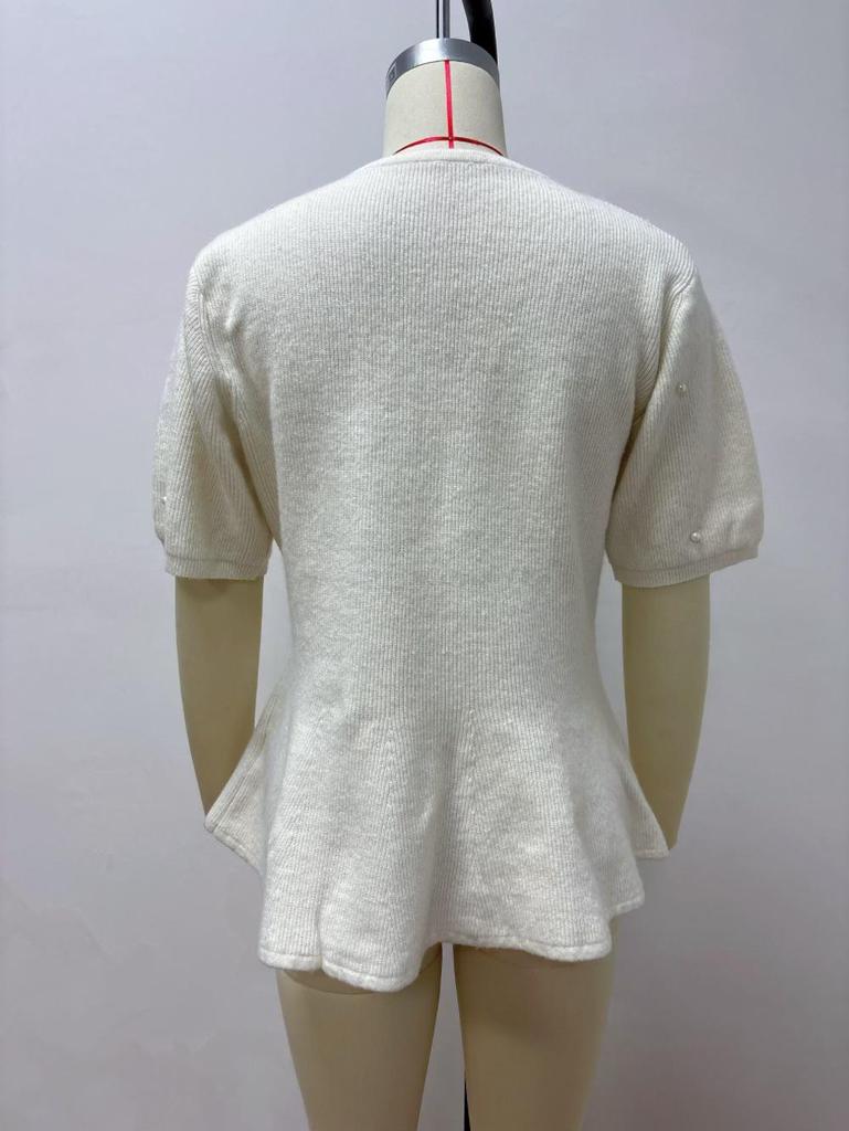 European French Style Pearl Embellished Knit Top - Short-Sleeved, Soft, Waist-Cinching, Ruffled, Plush Women's Top