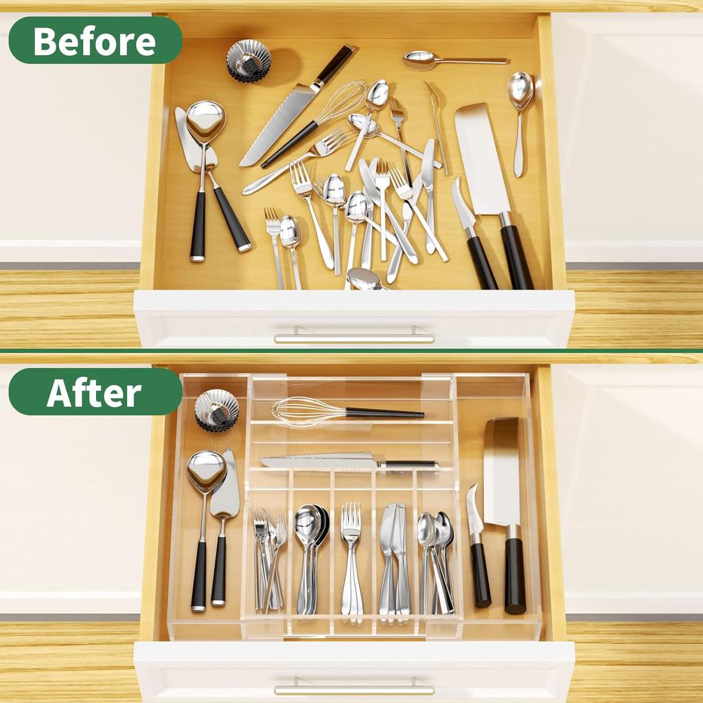 NIUBEE Expandable Kitchen Drawer Organizer for Flatware and Utensils,Clear Acrylic Adjustable Silverware Tray for Drawer,Office,Bathroom Supplies-9