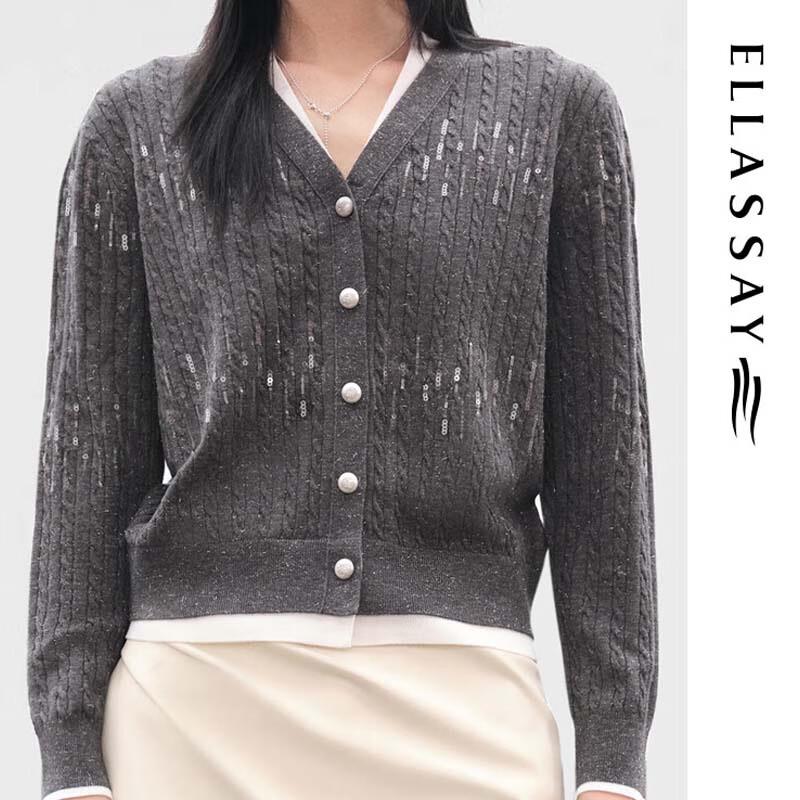 ELLASSAY Women's Sequin Faux Two-Piece V-Neck Knit Sweater