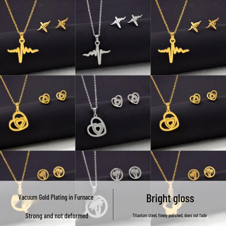 Women's Luxury Titanium Steel Necklace & Earring Set: EKG Coconut Tree & Heart Design, Non-Fading Jewelry