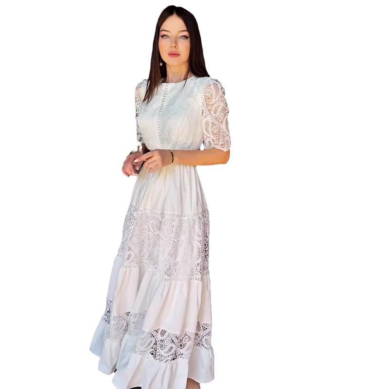 2024 Autumn Elegant Solid Color Hollow-Out Round Neck Dress