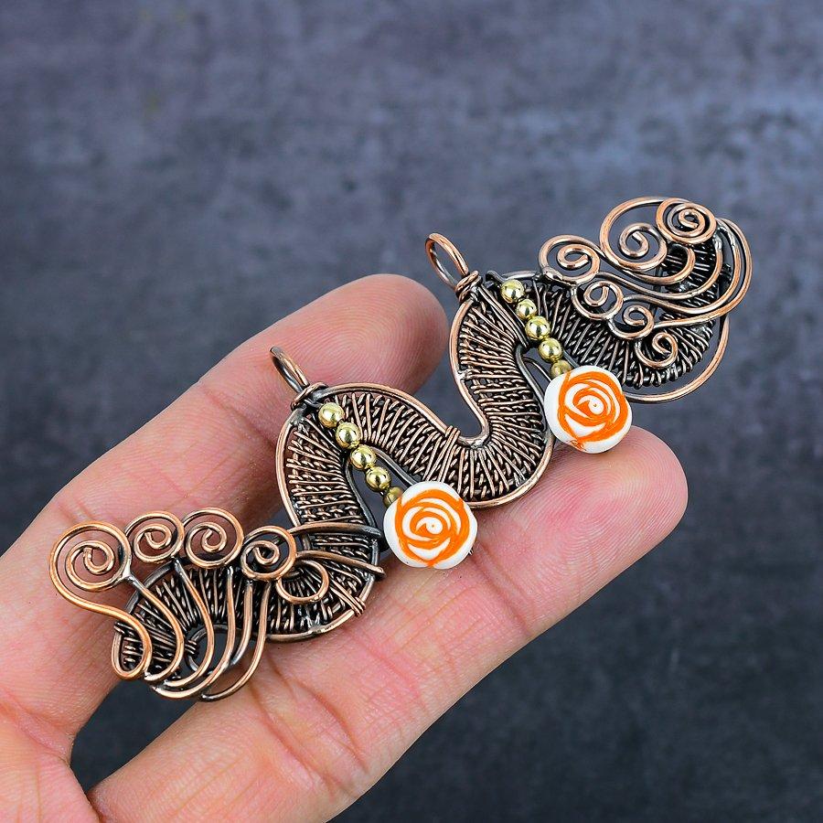 Carving Flower Gemstone Copper Wire Wrap Jewelry Pendant 1.38"