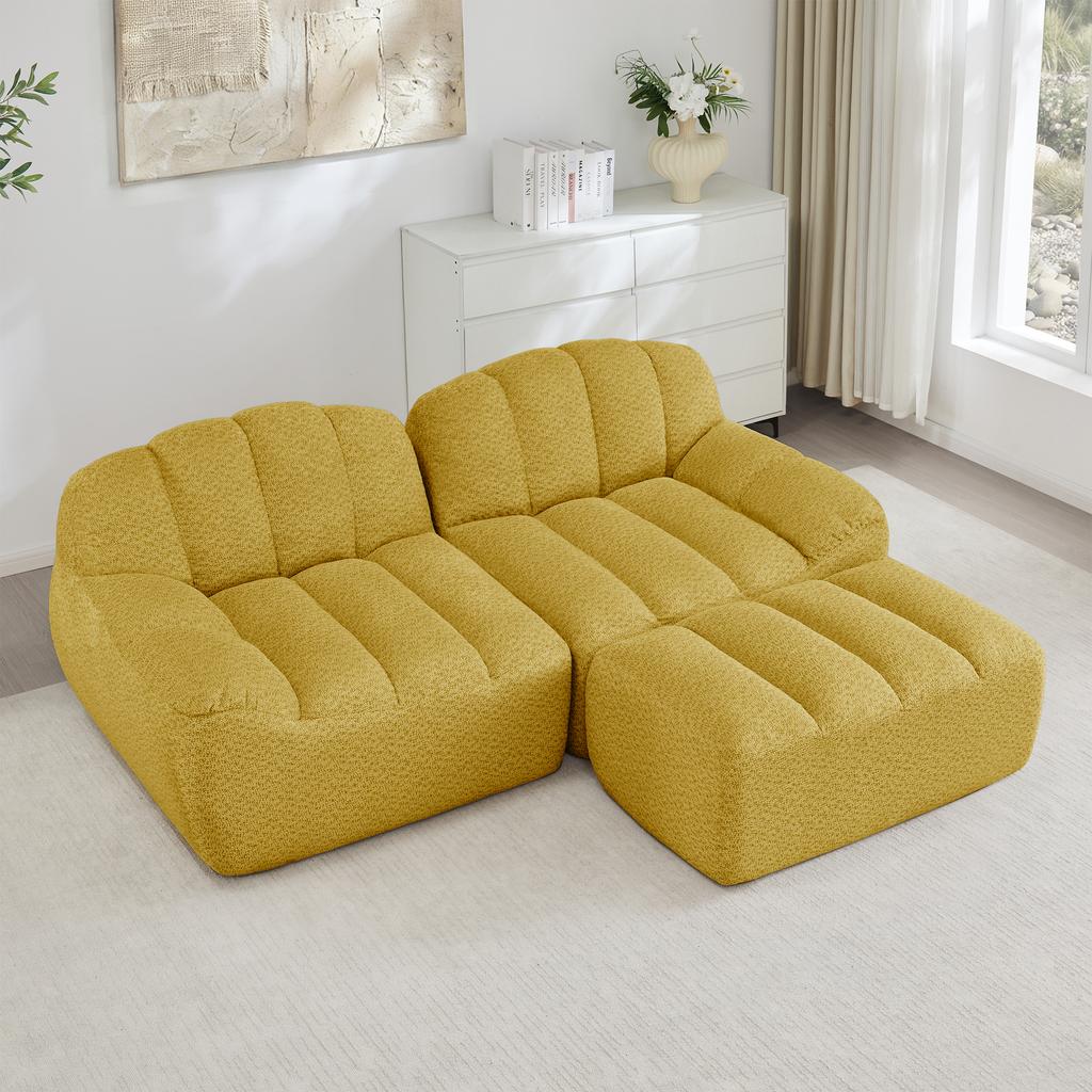 2-Seater L-Shaped Modular Boneless Sofa, Shell Shape, Deep Seat Cushions with 1 Ottoman, Sofa for Living Room, No Assembly Required, Yellow