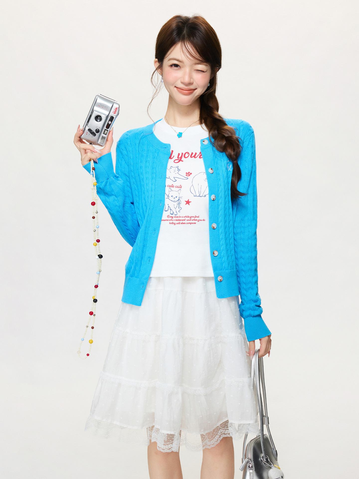 

Blue crew neck twist embroidered knitted cardigan women s spring new long-sleeved slim-fitting sweater jacket top One size fits all павлин голубой