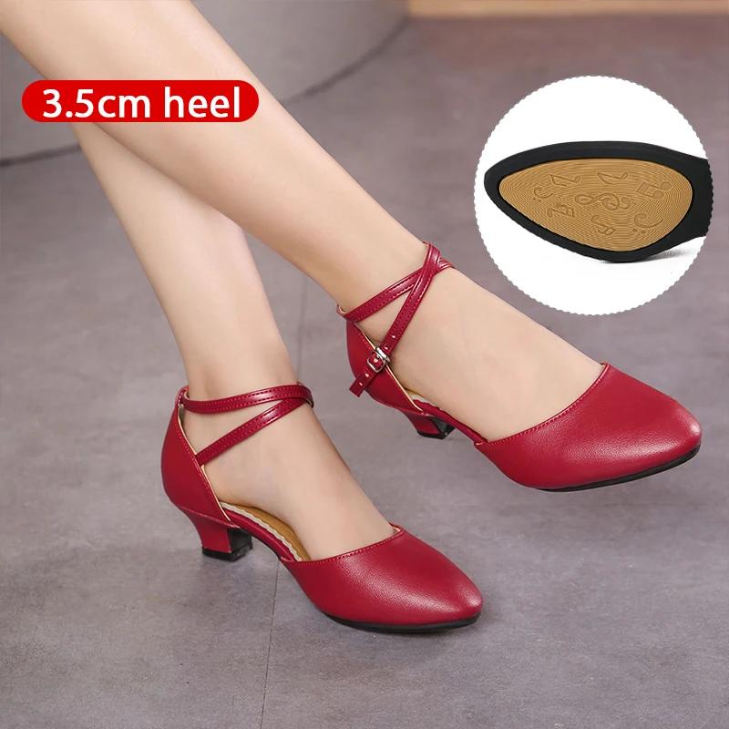 Leather Waltz Shoes Women's Modern Dance Shoes Dance Hall Tango Jazz Latin Shoes Girls Women's Dance Mid-heel