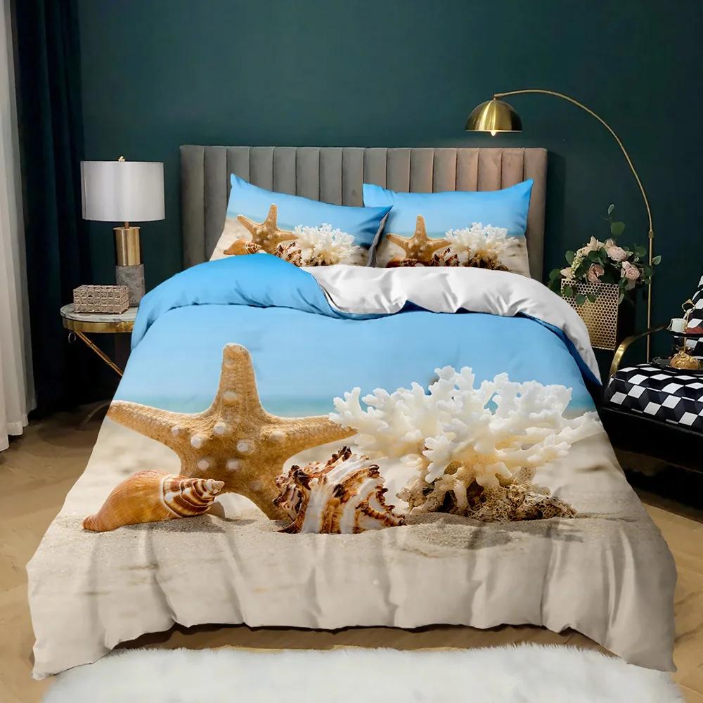 Starfish Duvet Cover Set Ocean Bedding Set Hawaiian Marine Sea Waves 3D Starfish Comforter Cover King Size Polyester Qulit Cover
