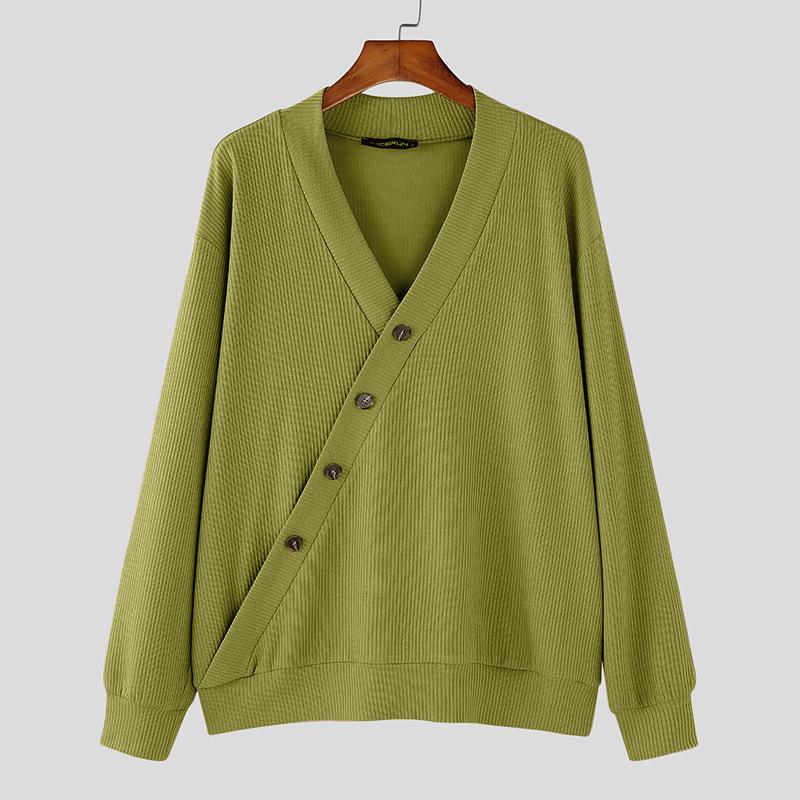 

INCERUN Мужской свитер с V-образным вырезом и длинным рукавом, с перекрестными пуговицами спереди, трикотажный топ из рубчика 3XL