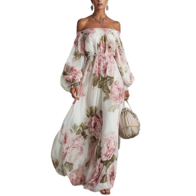European & American 2026 Fashion Print One-Shoulder Lantern Sleeve Elegant Dress