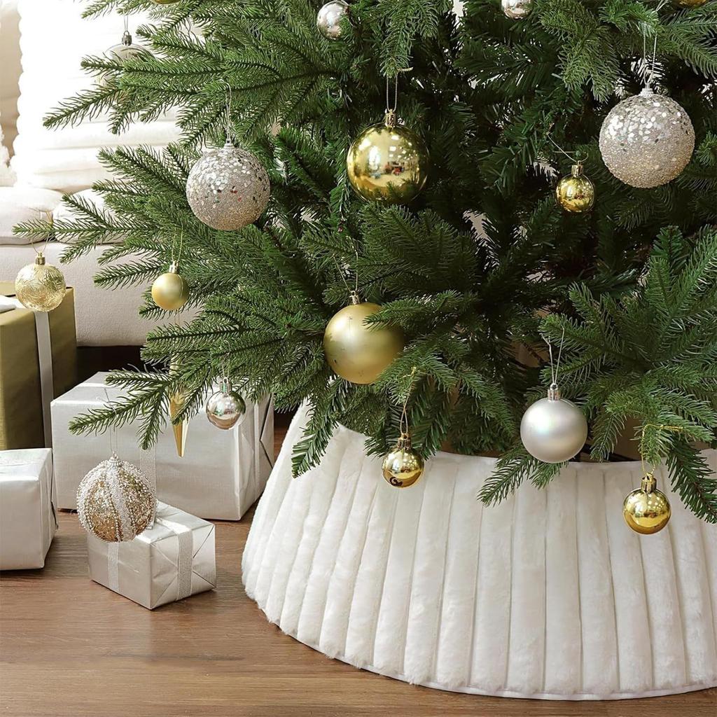 Rustic White Christmas Tree Collar Plush Tree Skirt Protector Base for Indoor Outdoor Farmhouse Home Holiday Party Decoration