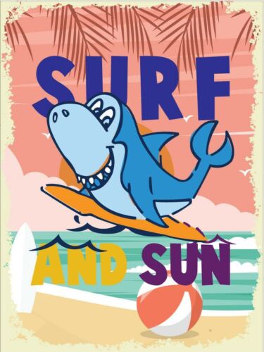 

Metal plaque vintage retro style Surf And Sun Shark Classic tin door sign SummerAluminum 20x30cm（7.8x11.8inch）