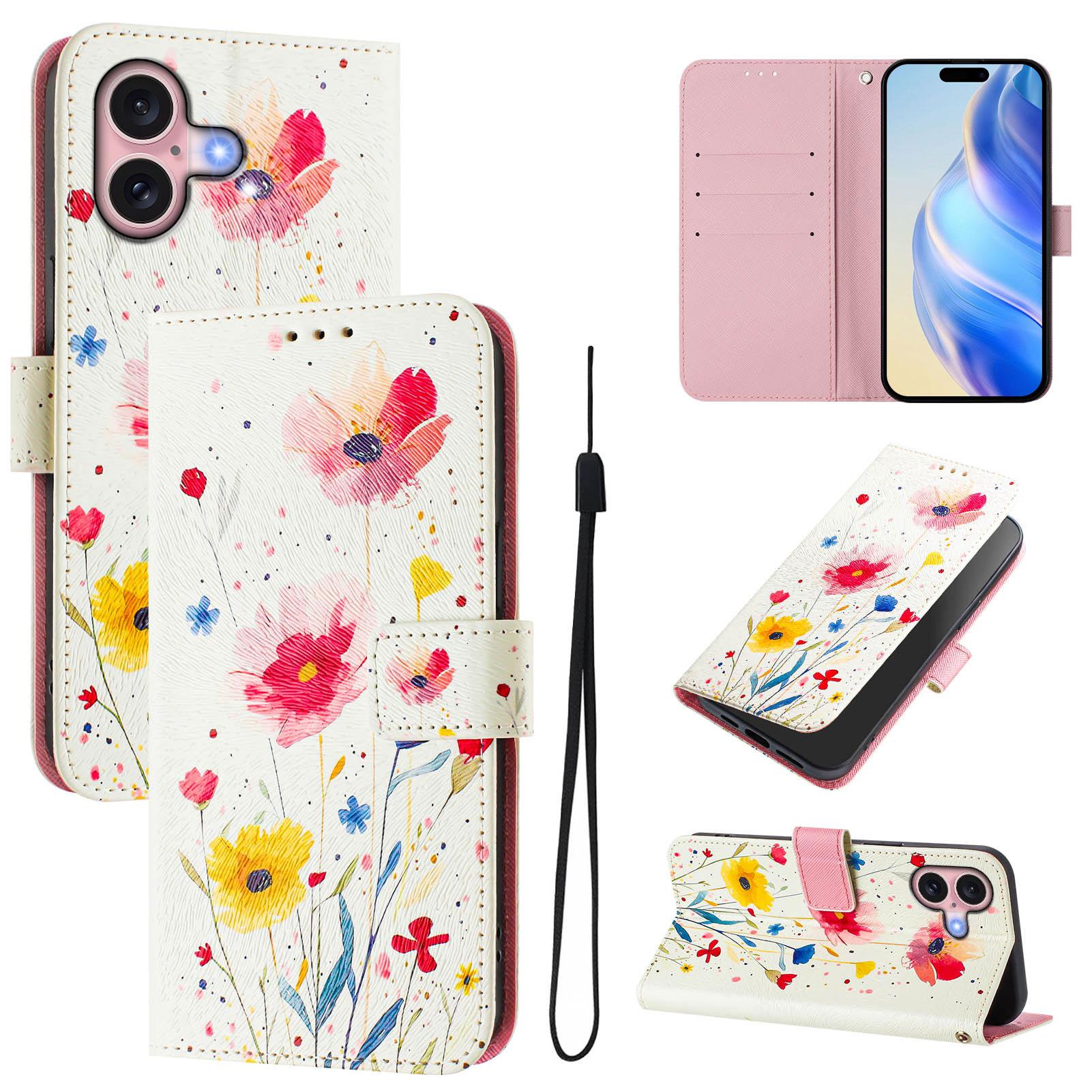 

For iPhone 16 Case Pattern Printing Wallet Phone Cover with Strap H