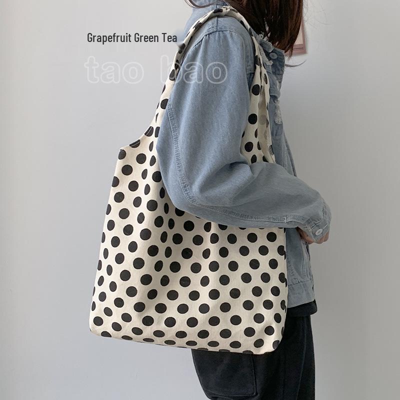 2025 Nordic Polka Dot Canvas Tote Bag - Japanese & Korean Style for College Students