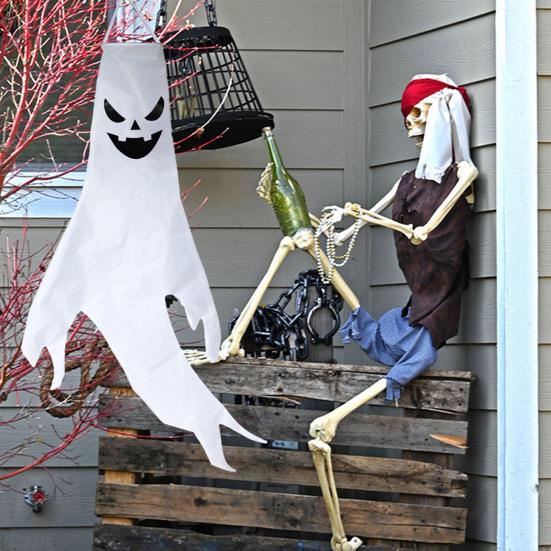 43 Inch Halloween Ghost Windsock Flags with LED Lights Outdoor Hanging Scary Light Up Ghost Wind Socks for Tree Yard Porch Garden Decor