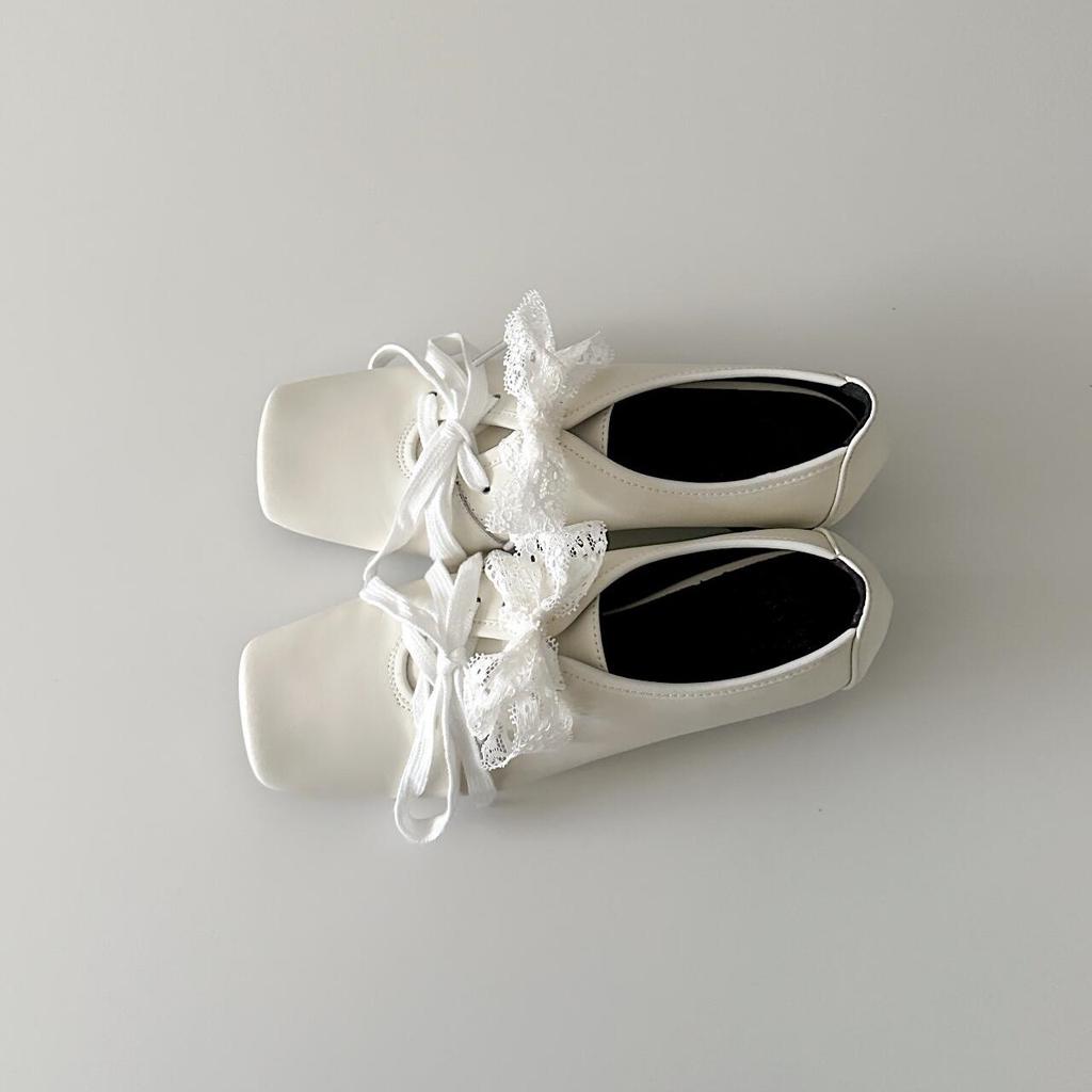 Sheepskin version~ Small person height increase 5cm thick heel ballet shoes women's fashion temperament square head bow lace-up single shoes