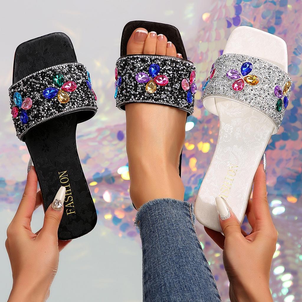 Fashion Women Slippers Home Casual Shoes Fashionable Versatile Sandals Summer New Rhinestone Flat Slippers Slides Women