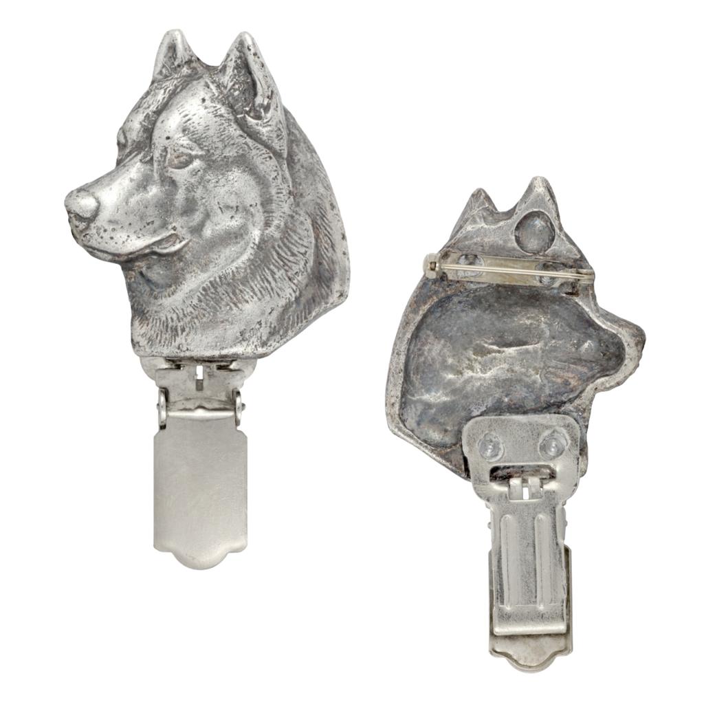 Siberian Husky, Chukcha - broszka z klipsem, uchwyt na numer startowy, posrebrzany pin wystawowy od marki Art-Dog