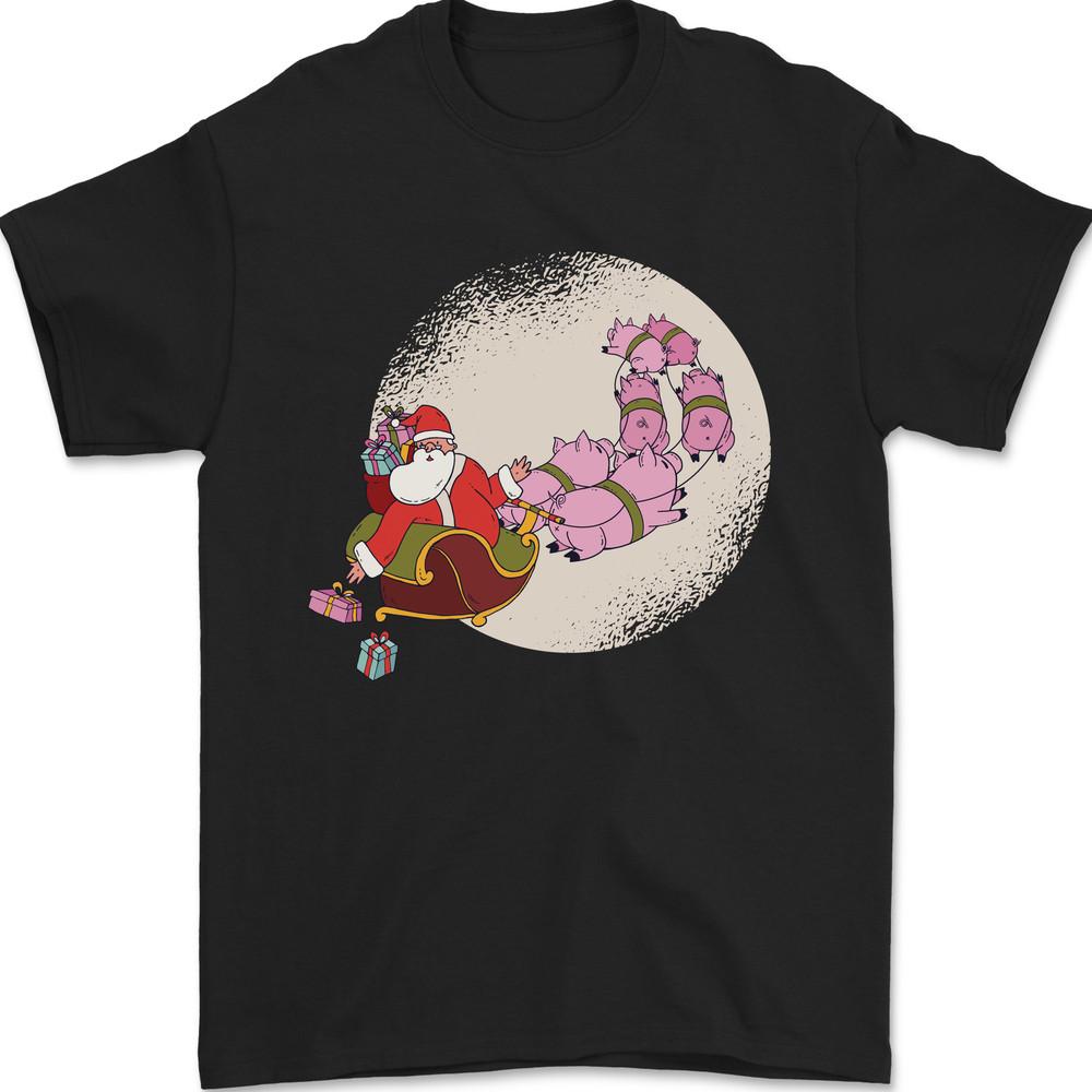 Santa Sleigh Pulled by Christmas Pigs Funny Xmas Mens T-Shirt Cotton Unisex T-Shirt XXXXL