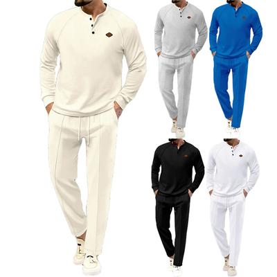 Men's Solid Color Round Neck Three Breasted Casual Sports Long Sleeved Trousers Suit