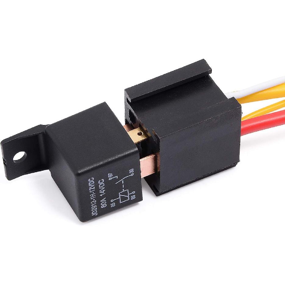 EHDIS 4-Pin Car Truck Motor Heavy Duty 80A 12V On/Off Normally Open SPST Relay Socket Plug With Harness - 4 Wire Automotive Model JD2912-1H-12VDC 80A