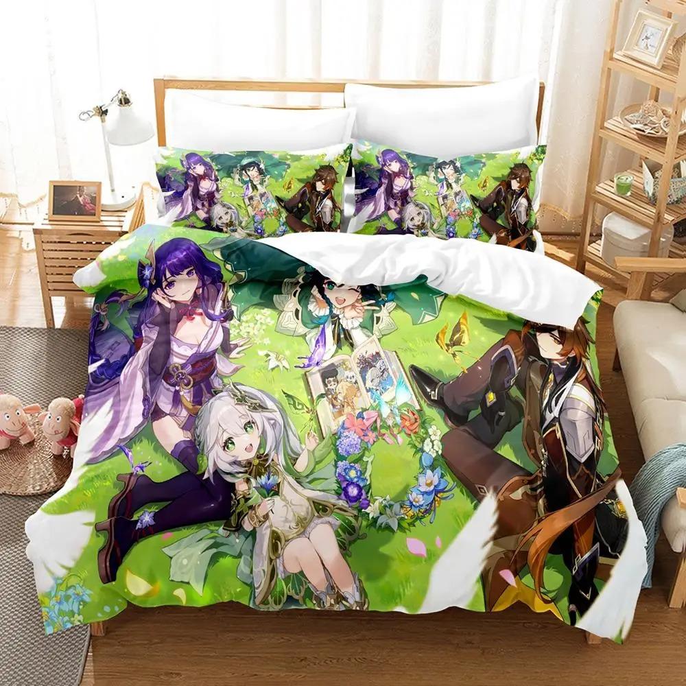 

New Game Nahida Genshin Impact Bedding Set Cartoon Anime three-piece Set Adult Kid Bedroom Duvetcover Sets 3D Kawaii Girls (135x200cm)