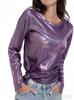 Women Shiny Holographic Long Sleeve T Shirt Crew Neck Glitter Metallic Blouse Casual Loose Party Basic Top