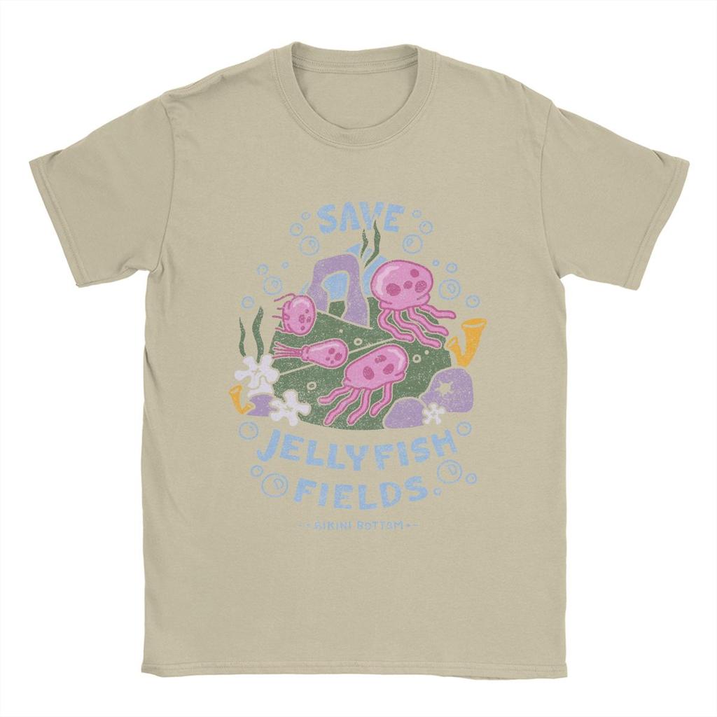 SpongeBobed Save Jellyfish Fields Bikini Bottom T-Shirts for Men Pure Cotton Tee Shirt Short Sleeve T Shirts Summer Clothes