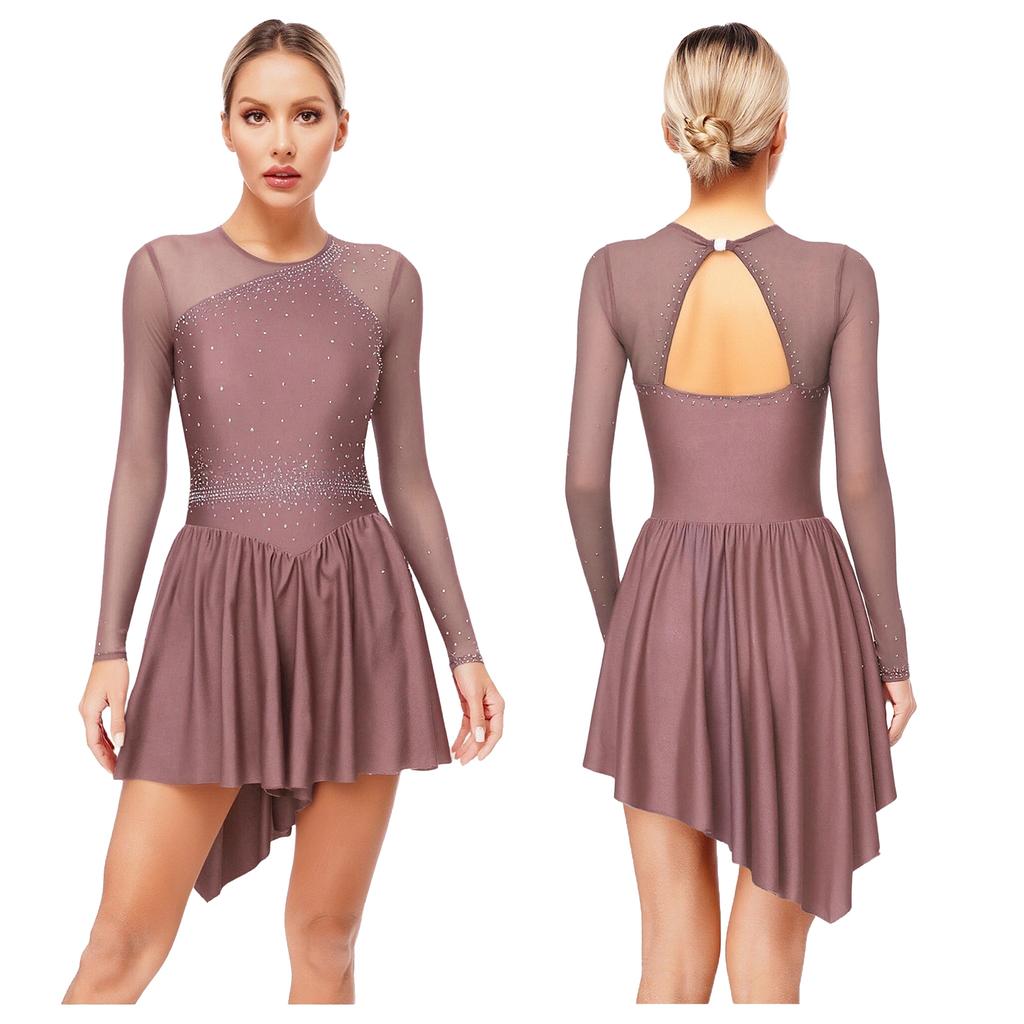 Women's Performance Dance Dress - Glitter Rhinestones Cutout Back Sheer Mesh Patchwork for Competition