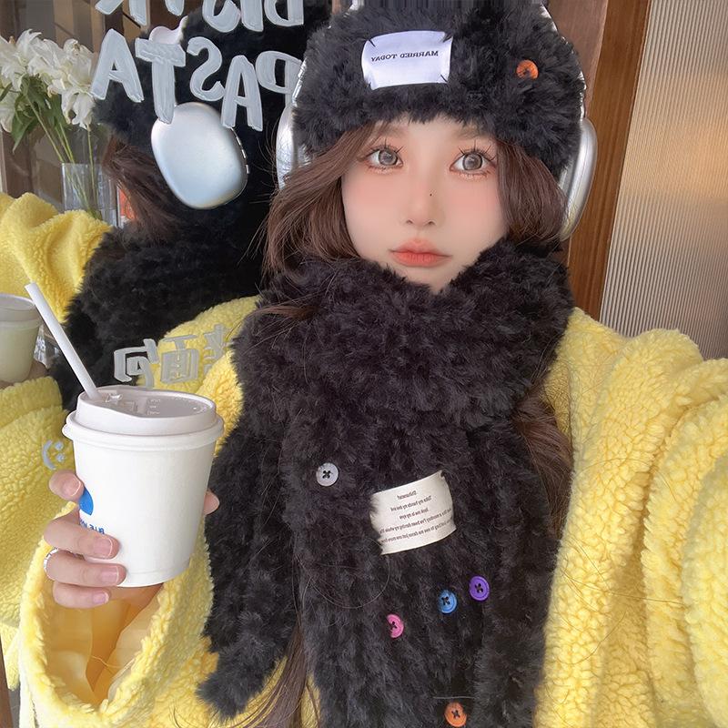 Wool Hat Color Button Fluffy Warm Knitted Hat Cute Fresh Autumn and Winter Versatile Cold Proof Scarf Trendy