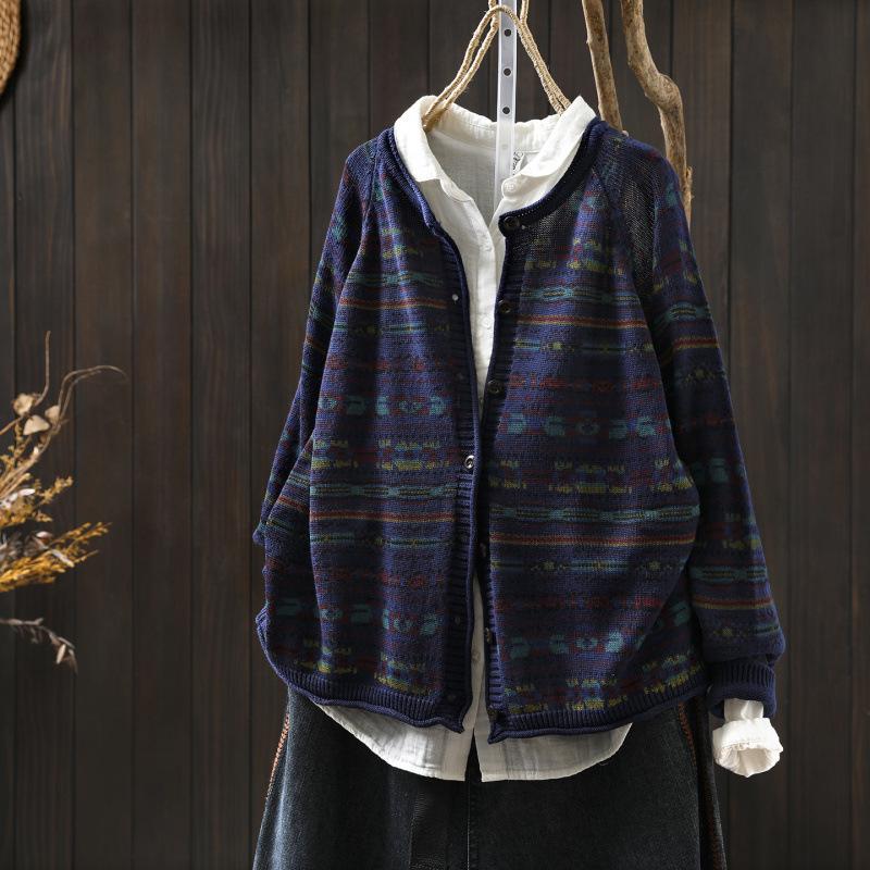 Autumn 2025 Women's Retro Print Loose Knit Cotton Cardigan