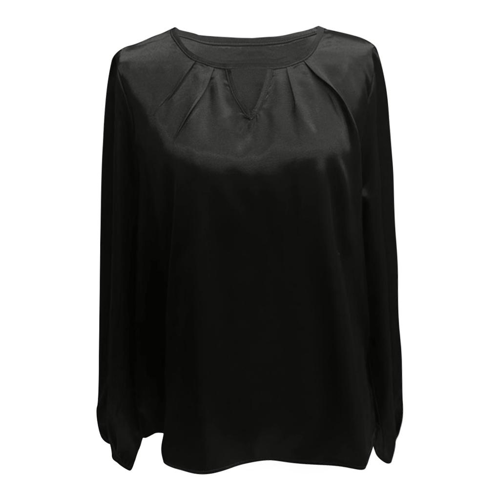 Women's Fashion Casual Solid Color Satin Shirt Casual Pleated Long Sleeve Top