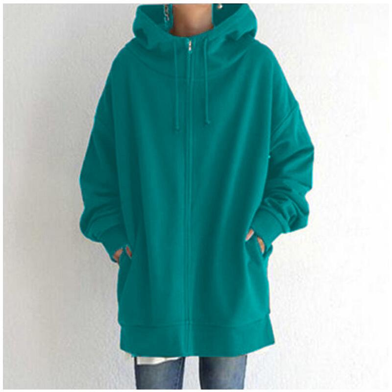 Autumn and Winter New Personality Street Zipper Hooded Long Plus Velvet Sweater